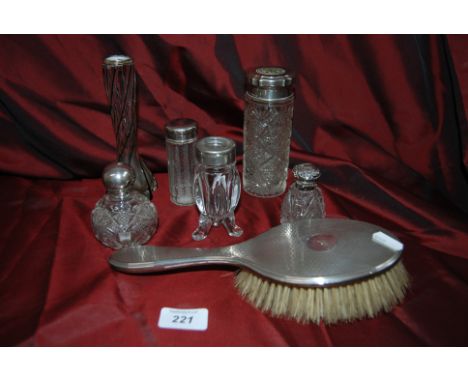 Engine Turned Silver Backed Brush, 2- Cut Glass Scent Bottles with Silver tops, Silver Rimmed Glass Vase & 2- other toilet Ja