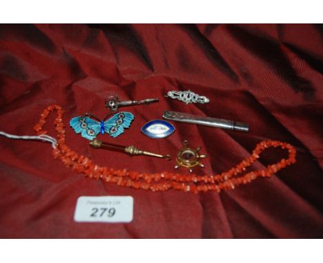Sterling Silver & Enamel Butterfly Brooch , Scotish Silver & Agate Brooch in the form of a sword , a pencil in a silver case 