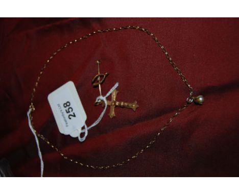 Old 9 ct Gold Crucifix, 9ct Gold Wishbone & Pearl Brooch (pin missing), & a 9 ct Gold Chain with yellow metal Pendant (4.3 gr
