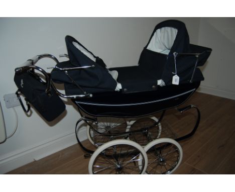 Vintage "Silvercross" Twin Dolls Pram with Blue Cloth & Coachworks, Additional Bag & Tiny Tears Boy & Girl Dolls