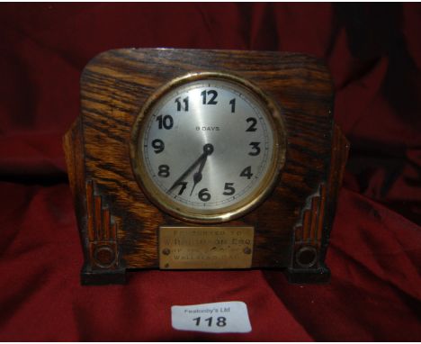Art Deco Presentation Clock in Oak Case , presented to W. Dobinson ESQ by the staff A Wallsend P.A.C December 5th 1934 , toge
