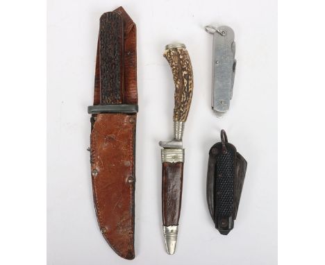 Vintage Rodgers Bowie knife, with 14.5 cm blade with faint makers to blade in leather sheath, a small German hunting knife wi