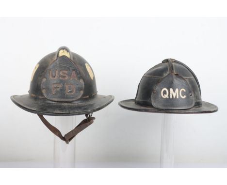 Vintage US Fire Helmets: Heavy hide leather helmet with makers plate to inside top Cairns & Brothers with leather badge QMC t