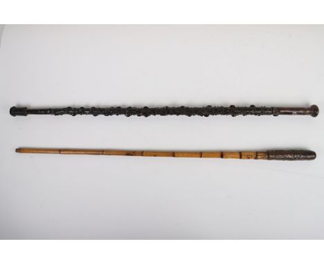 2x Antique Sword Sticks, the first of knobbly wood, lacquered and with later rubber end cap added. Slender steel blade with p