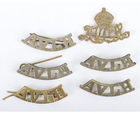 Assam Valley Light Horse Badges: Brass  Kings crown hat badge with five brass and white metal shoulder titles. 6 items 