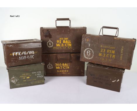 Ammunition Boxes: Mixed age ammo tins and boxes to include 3 US 30 cal tins, 7.62 tins, 22 rim fire, 9mm and others. 11 items