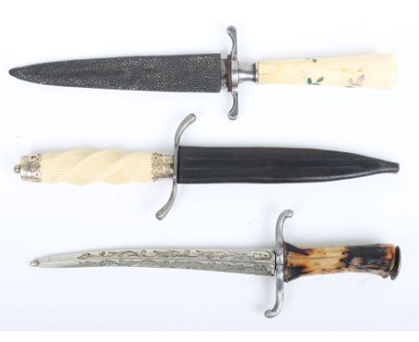 3x Victorian Daggers, first with bone handle decorated with mother of pearl inlay, steel cross guard and wavy double edged st