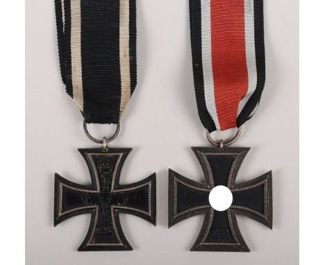 WW2 German 1939 Iron Cross and Imperial 1914 Iron cross. Unmarked 1939 Iron cross 2nd class with post war ribbon. Three piece