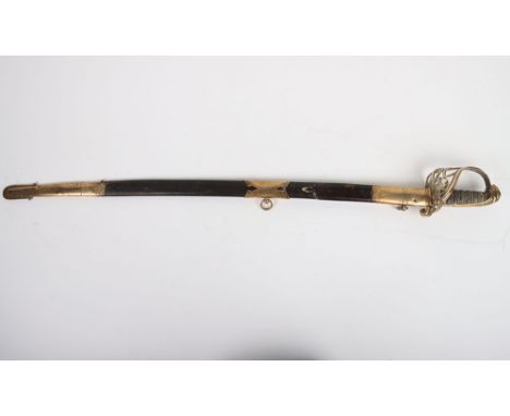 Victorian 1845 Pattern Infantry Officers Sword, gilt brass gothic hilt with crowned cipher to the centre cartouche. Worn grip