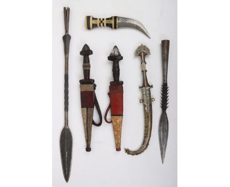 Grouping of African Daggers, including Moroccan Jambiya, 2x leather bound North African daggers in leather and crocodile skin