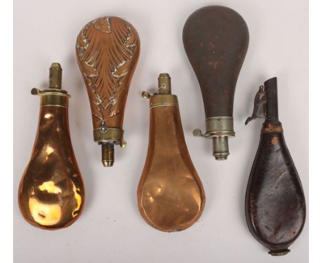 3x Antique Copper Powder Flasks, one by Dixon and another by Hawksley, one un-marked. Accompanied by another steel flask by H