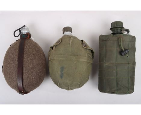 Argentine Army Water Bottles: Three types of military issue water bottle/canteens to include German type felt covered alloy b