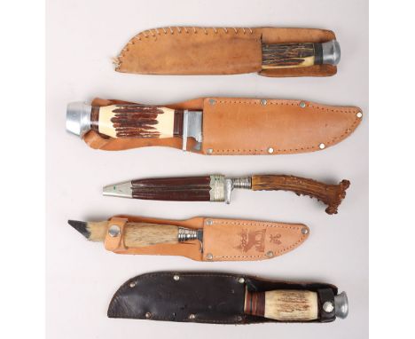 Vintage Sheath Knives:  Bowie knife with 15 cm blade with maker JOWIKA Republic of Ireland with leather sheath, two other Bow