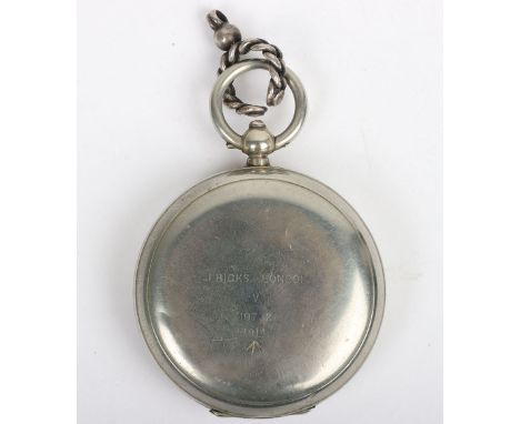WW1 1914 Officers Pocket Compass: White metal pocket watch type compass with stamping to front J.HICKS LONDON 1914 with arrow