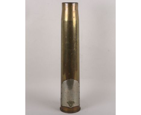 1948 Presentation Royal Artillery Shell Case: Large 1940 dated shell case with white metal plaque with details and RA badge r