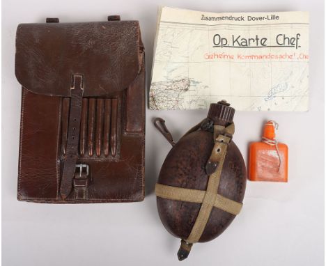 WW2 German army / heer field equipment grouping. Including a coconut built canteen, officers leather map case and bakelite oi
