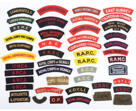 Collection of printed & embroidered British Army shoulder titles. Lot includes printed Royal Norfolk, H.A.C, R.E.ME. Also inc