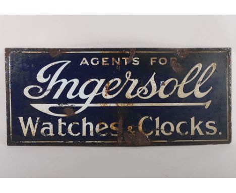 Ingersoll Watches & Clocks Advertising  Enamel Sign: Double sided  vintage enamel sign with rust and some enamel loss, size 3
