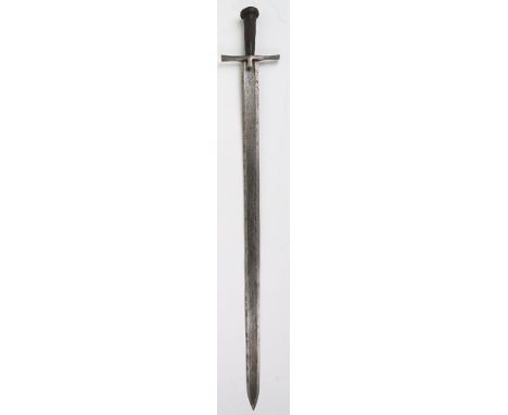 Sudanese Sword Kaskara, with wide steel blade, steel cross guard and leather bound grip. No markings to blade. No scabbard. B