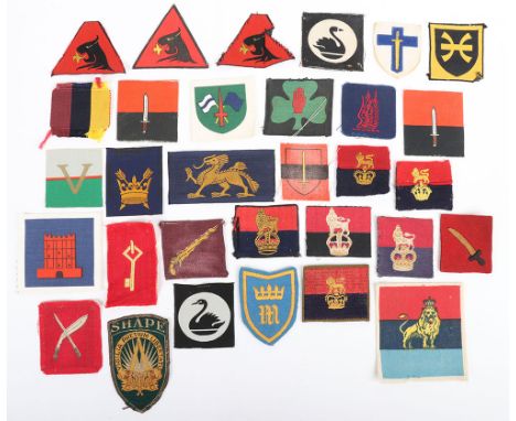 Quantity of British Army Formation signs. Lot includes examples of printed, embroidered & silk badges. Lot includes Intellige
