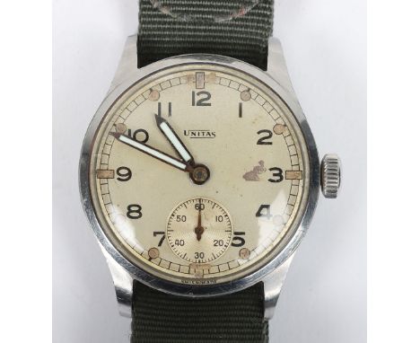 WW2 Unitas ATP Wristwatch: Army issue watch supplied by Bravingtons with correct stampings to back , unrestored dial in worki