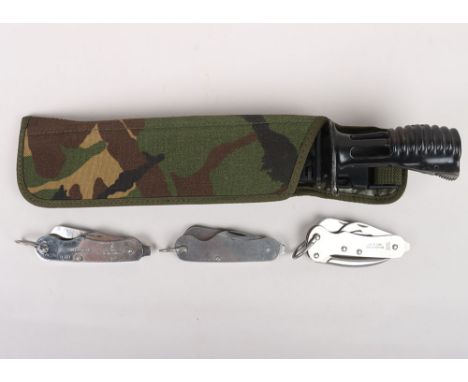 SA 80 Bayonet: A fine example with plastic scabbard with saw in camouflage cover and three military jack knives dated 1968, 1