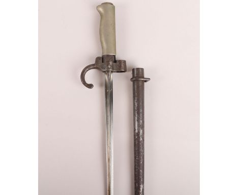 French Lebel Bayonet: White metal hilt with full length blade housed in steel scabbard. 