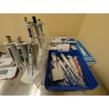 LOT OF ASST. EPPENDORF, SATORIUS, BIOHIT, DIGITAL AND MANUAL PIPETTES, ETC.