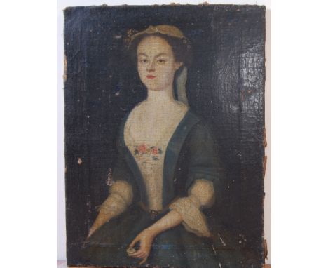 18th century English school - Three-quarter length portrait of a lady wearing a blue and white dress, oil on canvas (with sma