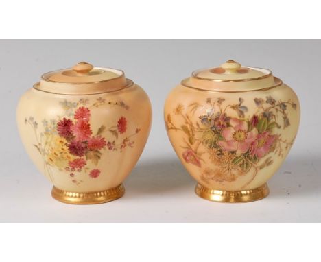 A Royal Worcester blush ware tea canister and cover, shape No.1314, green mark, circa 1905, h.10cm, and one other near matchi
