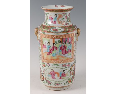 A 19th century Chinese Canton vase, of cylindrical form, enamel decorated with figural reserves amidst a border of flowers an