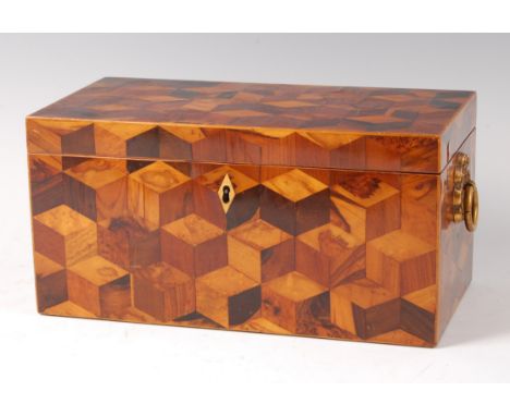 An early 19th century Tunbridge and parquetry specimen wood inlaid tea caddy, of rectangular form, the hinged cover enclosing