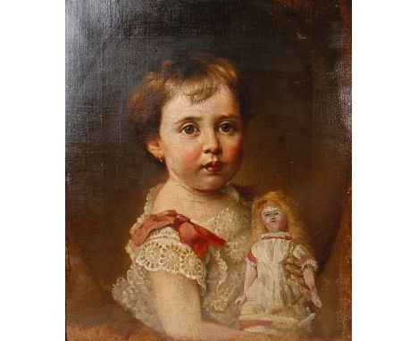 Late 19th century English school - Half-length portrait of a girl with baby doll, oil on canvas, 46 x 38.5cm