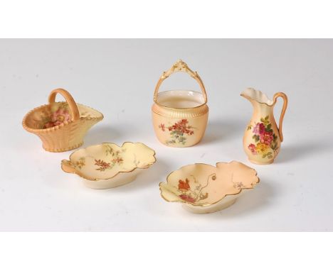 A Royal Worcester blush ware miniature basket, shape No. 1880, puce mark, circa 1899, h.9cm, together with one other smaller 