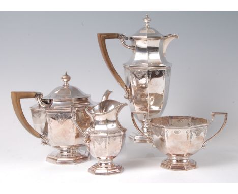 A Mappin & Webb silver four-piece tea and coffee service, comprising teapot, coffee pot, twin handled sugar and cream, each o