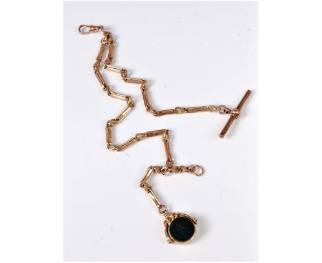 A 9ct watch chain and fob, the fancy link chain with lobster claw clasp and T-bar both stamped '375', the round rotating duel