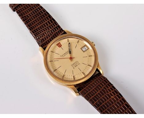 A gentleman's Omega Constellation Chronometer Electronic f300Hz, the round buff coloured dial, 34mm diameter, with baton nume