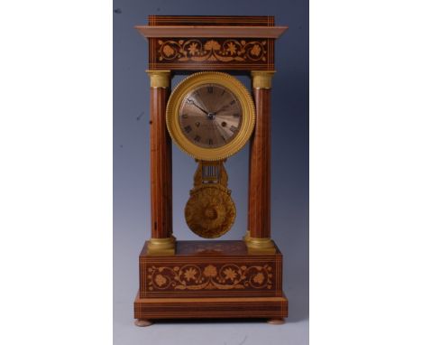 A late 19th century French rosewood and inlaid portico clock by Royer Fils Fres a Paris, dated 1878, having a fine signed eng