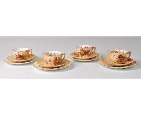 A Royal Worcester blush ware set of four porcelain trio's, comprising tea cup, saucer and plate, circa 1900   Condition Repor