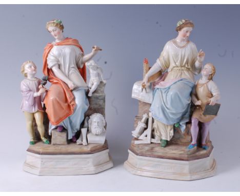 A pair of Continental porcelain allegorical figure groups, each annotated to the plinth 'Plastu' (plaster) and 'Architektur' 