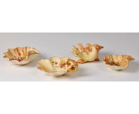 A Royal Worcester blush ware shell dish, shape No. 1413, puce mark circa 1904, w. 14cm, and three others, shape No's. 972, 14