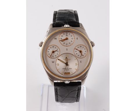 A gents steel Breitling World Quartz wristwatch, model number 80840, reference 1851, the main dial housing four subsidiary di