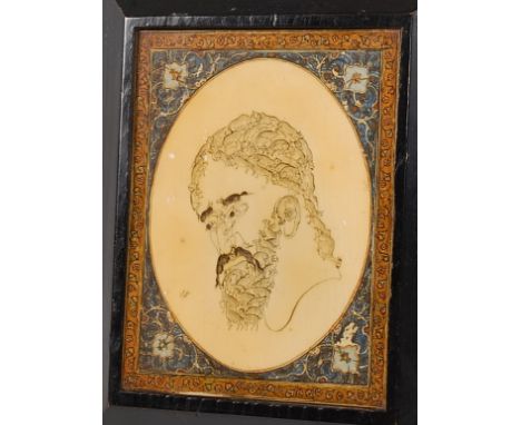 A Middle Eastern penwork portrait of a bearded man, featuring figures and livestock, all within ornate border, 10 x 7.5cm, in