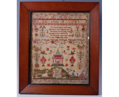 A George IV needlework, alphabet, number, verse and picture sampler, by Matilda Swallow, aged 13, dated 1820, 39 x 32cm, in o