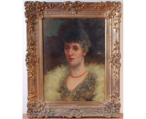 Late 19th century English school - Bust portrait of a woman wearing a coral choker and feather boa, oil on canvas, 60 x 44cm