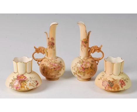 A matched pair of Royal Worcester blush ware vases, shape No. 991, h.7.5cm, together with a pair of ewers, shape No. 1026, ci