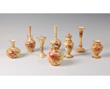 A Royal Worcester blush ware vase, shape No. 1728, circa 1895, h.15.5cm, together with seven other vases, No's. 365, 1730, 11