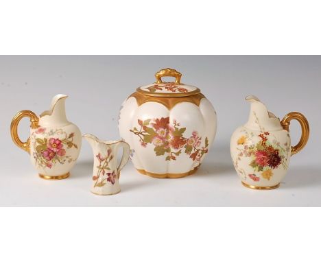 A Royal Worcester ivory ware biscuit barrel and cover, puce mark circa 1888, h.17cm, together with a pair of ivory ware flat 