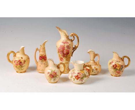 A Royal Worcester blush ware pair flat back jugs, shape No. 1094, puce mark circa 1907, h.13cm, together with five other Worc