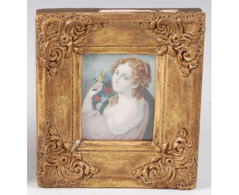 Early 19th century school - Half-length portrait of a Princess holding flowers, miniature watercolour on ivory, unsigned, ind